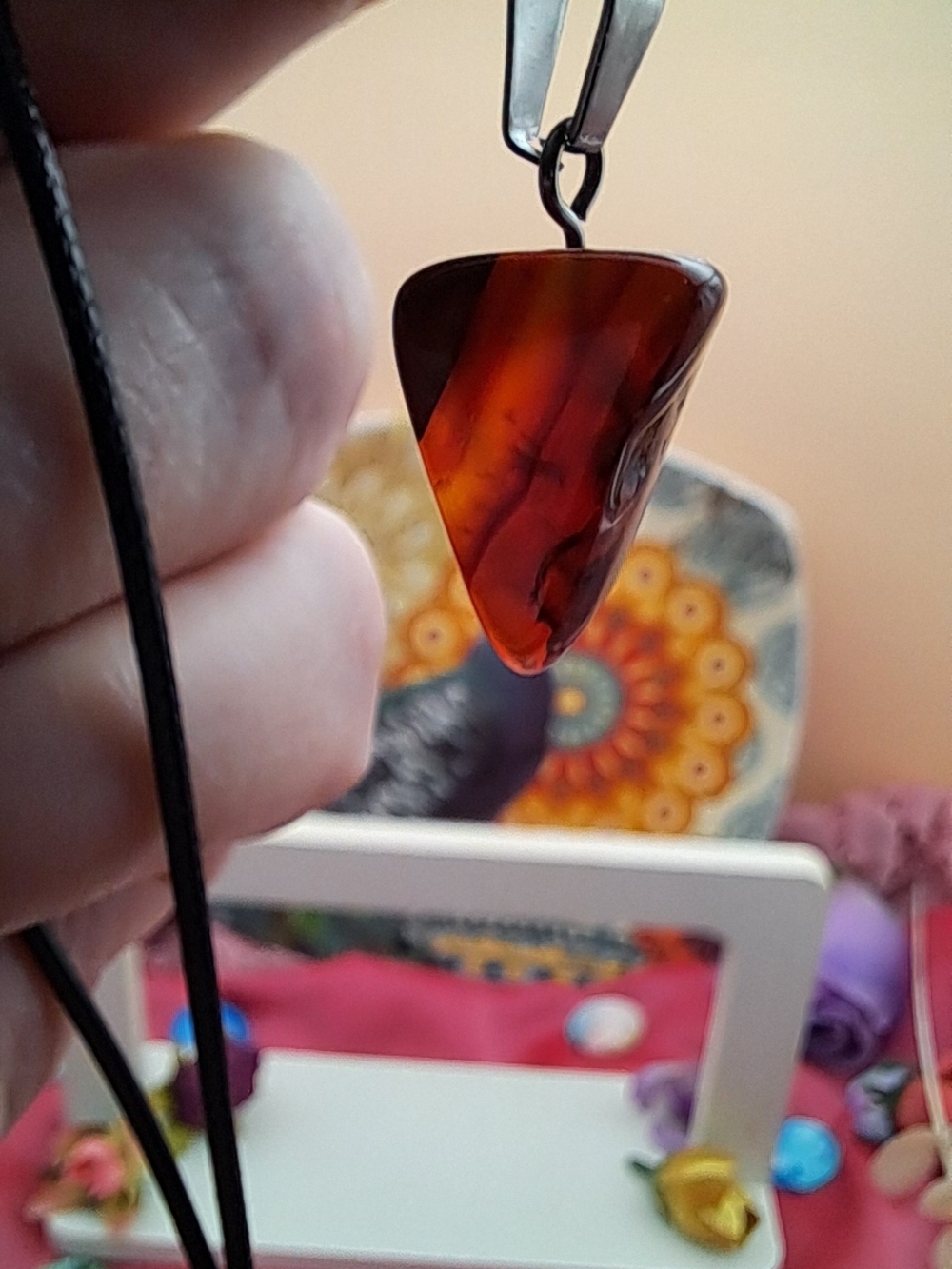 Tumbled Dendritic Carnelian & Black Waxed Cord Necklace (Silvertone)